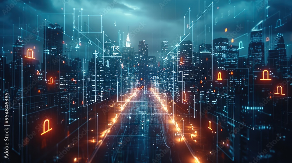 Fototapeta premium Concept of IT securities. technology, city, data. Generative AI.