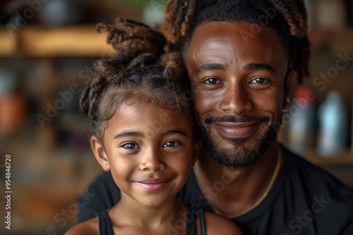 Happy African-American father and daughter sharing a joyful moment in a cozy kitchen setting