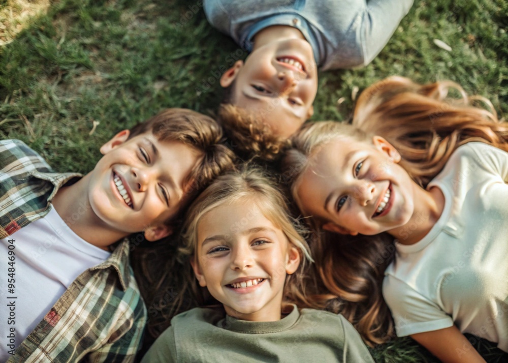 Obraz premium Happy children, two boys and two girls lie on the grass and look at the camera in the park on a summer day.Top view.