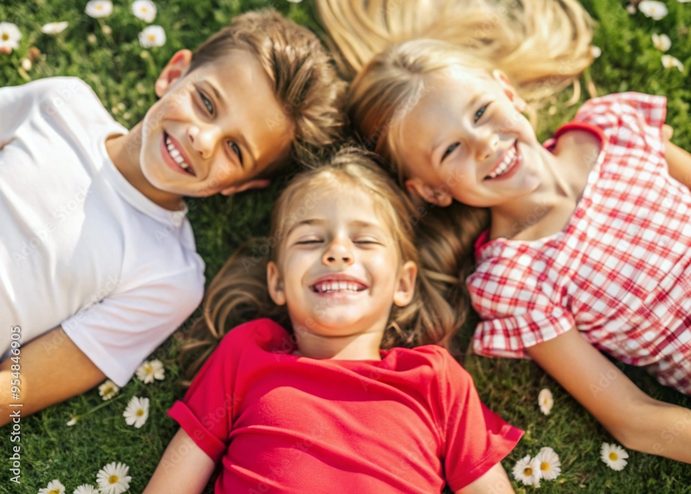 Happy children, a boy and two girls lie on the grass and look at the camera in the park on a summer day.Top view. Happy children, a boy and two girls lie on the grass and look at the camera in the park on a summer day.Top view.