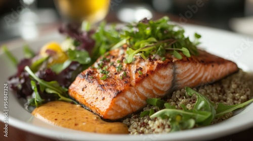 A balanced meal with grilled salmon, quinoa, and mixed greens beautifully plated