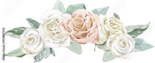 Spring Floral Wedding Bouquet White Cream Pastel Watercolor Corner Banner Elegant Wreath Frame