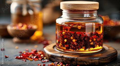 Sichuan chili oil in a glass jar with distinct layers. Generative AI. photo