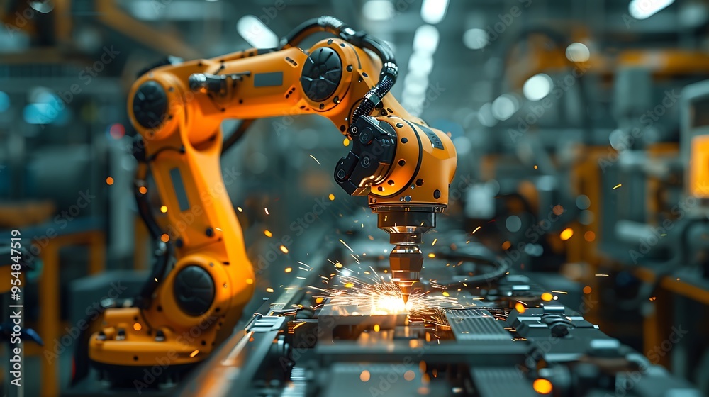 A modern factory where an engineer supervises a robotic arm welding metal parts. The scene captures the intensity of the welding process, A modern factory where an engineer supervises a robotic arm welding metal parts. The scene captures the intensity of the welding process,
