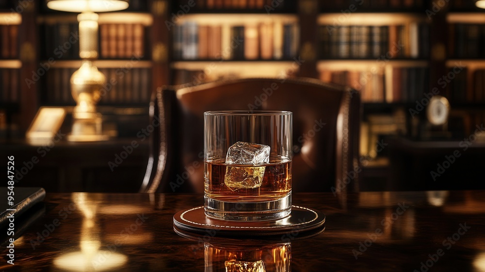 Sophisticated Scotch Whisky with Ice Cube on Mahogany Desk. AI generated illustration Sophisticated Scotch Whisky with Ice Cube on Mahogany Desk. AI generated illustration
