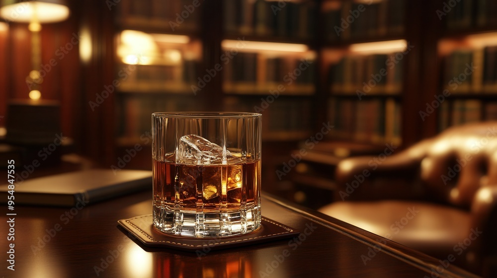 Sophisticated Scotch Whisky with Ice Cube on Mahogany Desk. AI generated illustration Sophisticated Scotch Whisky with Ice Cube on Mahogany Desk. AI generated illustration