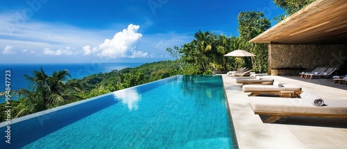 A private infinity pool overlooking a tropical paradise with luxury lounge chairs