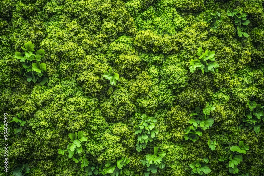 Close-up surface of the wall covered with green moss. Modern eco friendly decor made of colored stabilized moss. with generative ai Close-up surface of the wall covered with green moss. Modern eco friendly decor made of colored stabilized moss. with generative ai