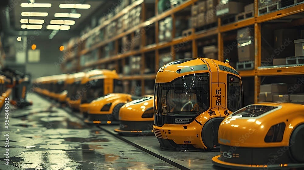 A warehouse filled with activity as a worker oversees autonomous robots sorting and transporting packages. The scene captures the hustle and precision of the automated system, with bright, A warehouse filled with activity as a worker oversees autonomous robots sorting and transporting packages. The scene captures the hustle and precision of the automated system, with bright,