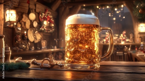 Oversized Glass of Golden Beer in Cozy Tavern. AI generated illustration