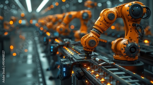 An industrial scene where an inspector is using a tablet to interact with robotic arms that are performing quality checks on a conveyor belt.