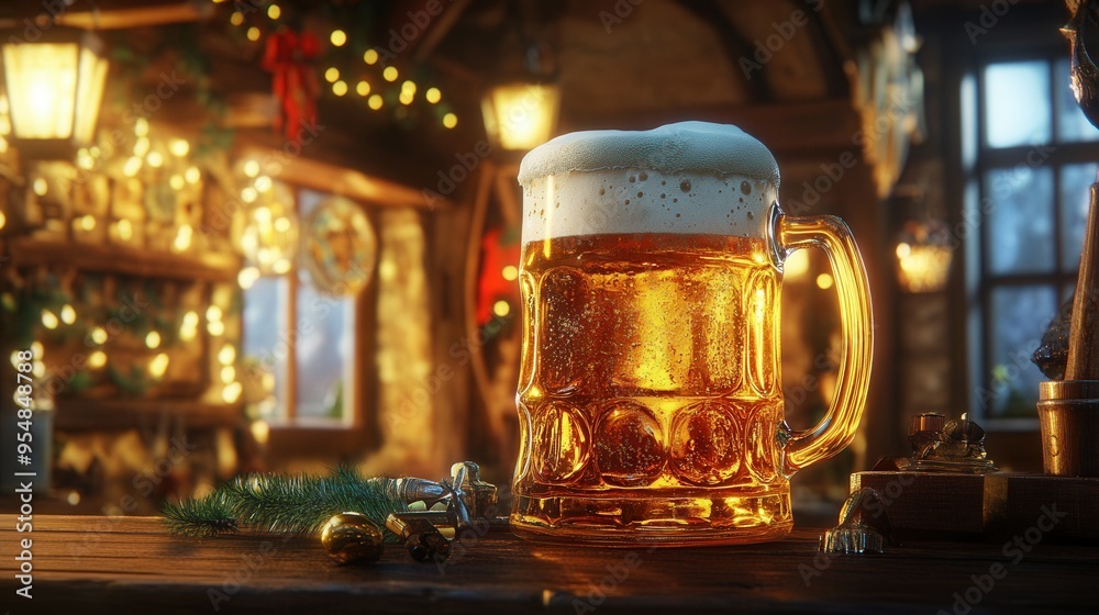 Oversized Glass of Golden Beer in Cozy Tavern. AI generated illustration Oversized Glass of Golden Beer in Cozy Tavern. AI generated illustration