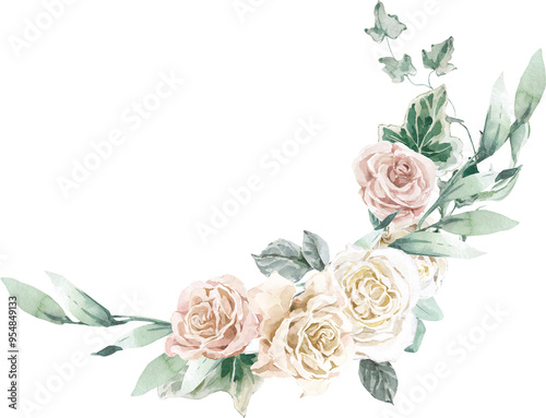 Spring Floral Wedding Bouquet White Cream Pastel Watercolor Corner Banner Elegant Wreath Frame
