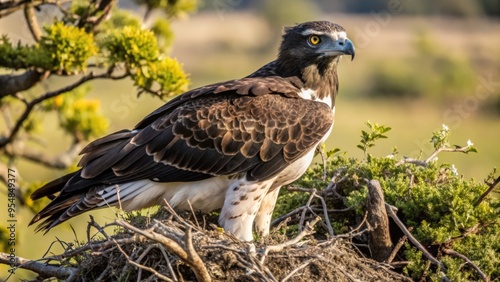 A Close-Up of a Brown and White Hawk Perched on a Branch photo