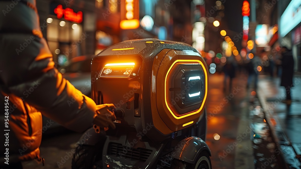 A close-up of a delivery worker’s hands as they interact with a touchscreen interface on a robotic delivery vehicle in an urban setting. The robot is preparing to deliver packages, A close-up of a delivery worker’s hands as they interact with a touchscreen interface on a robotic delivery vehicle in an urban setting. The robot is preparing to deliver packages,