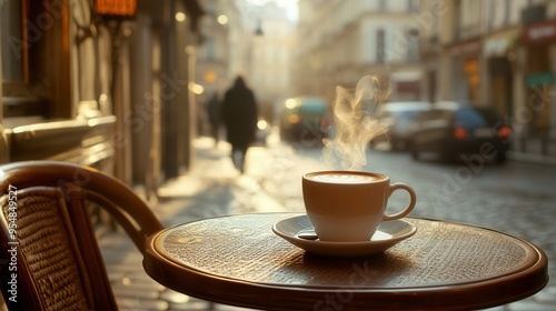 Steaming Espresso Cup on Cafe Table with European Street View. AI generated illustration