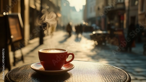 Steaming Espresso Cup on Cafe Table with European Street View. AI generated illustration