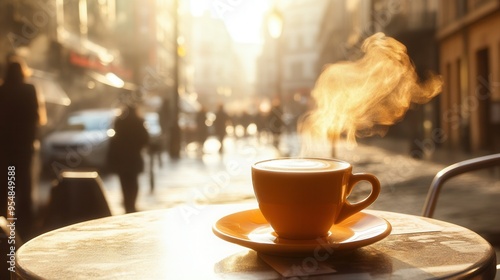Steaming Espresso Cup on Cafe Table with European Street View. AI generated illustration