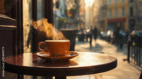 Steaming Espresso Cup on Cafe Table with European Street View. AI generated illustration