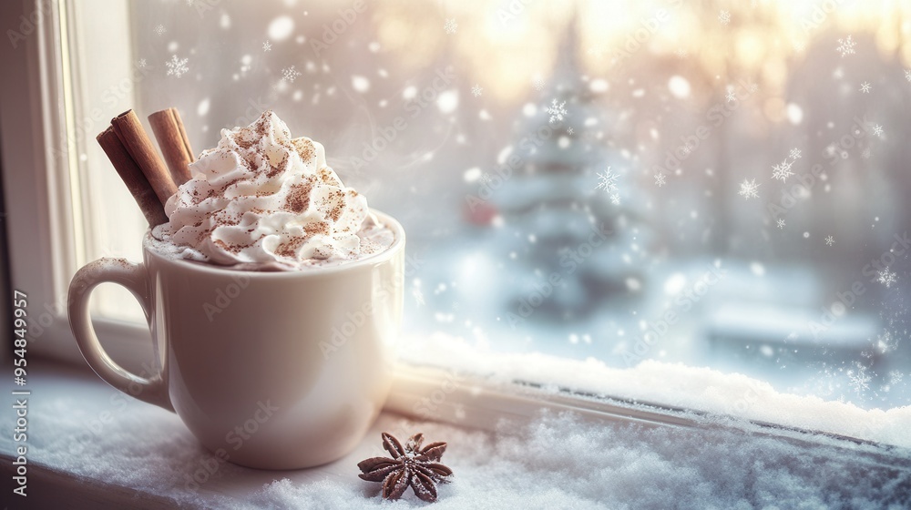 Steaming Cup of Hot Chocolate with Whipped Cream and Cinnamon Sticks on Window Sill. AI generated illustration Steaming Cup of Hot Chocolate with Whipped Cream and Cinnamon Sticks on Window Sill. AI generated illustration