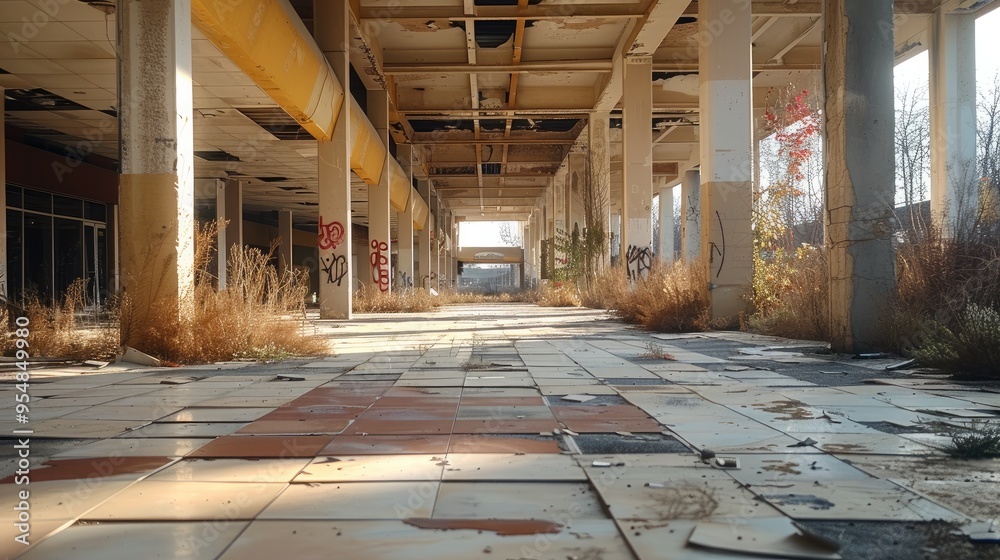 Ground of large abandoned shopping mall. Generative AI.