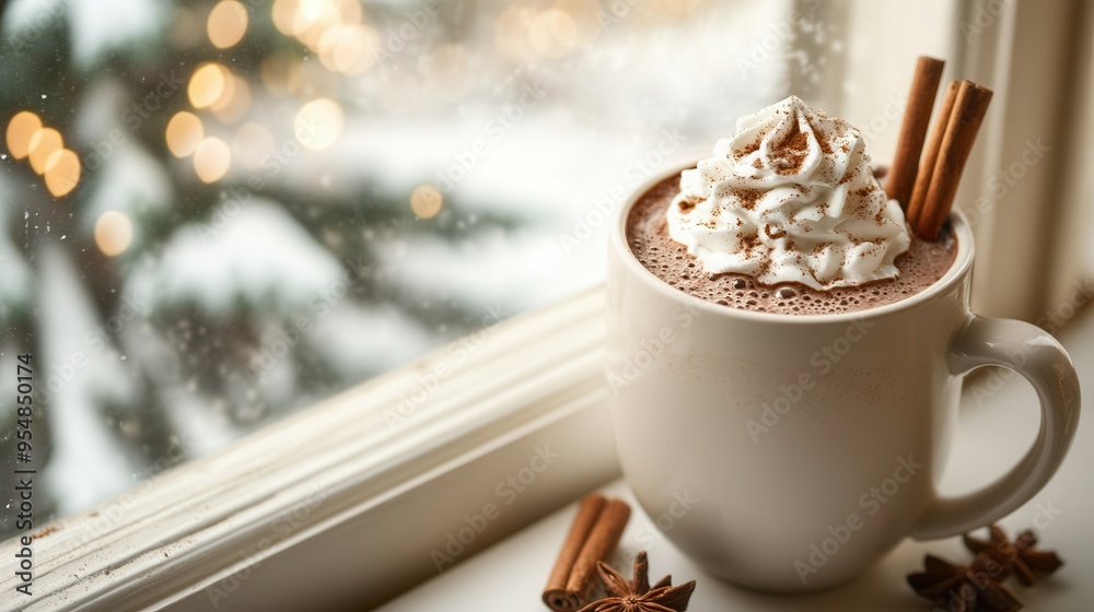 Steaming Cup of Hot Chocolate with Whipped Cream and Cinnamon Sticks on Window Sill. AI generated illustration Steaming Cup of Hot Chocolate with Whipped Cream and Cinnamon Sticks on Window Sill. AI generated illustration