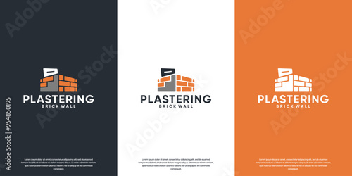 plastering brick wall, building improvement, final stage, logo design vector.
