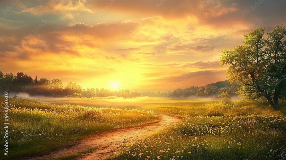 A Winding Path Through a Meadow at Sunset with a Bright Sun and Fog A Winding Path Through a Meadow at Sunset with a Bright Sun and Fog