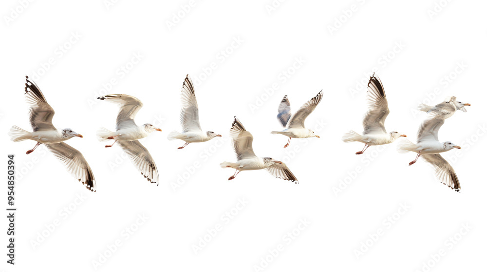 Fototapeta premium Flock of Seagulls in Flight Isolated on transparent Background, PNG file, graphic resources, 