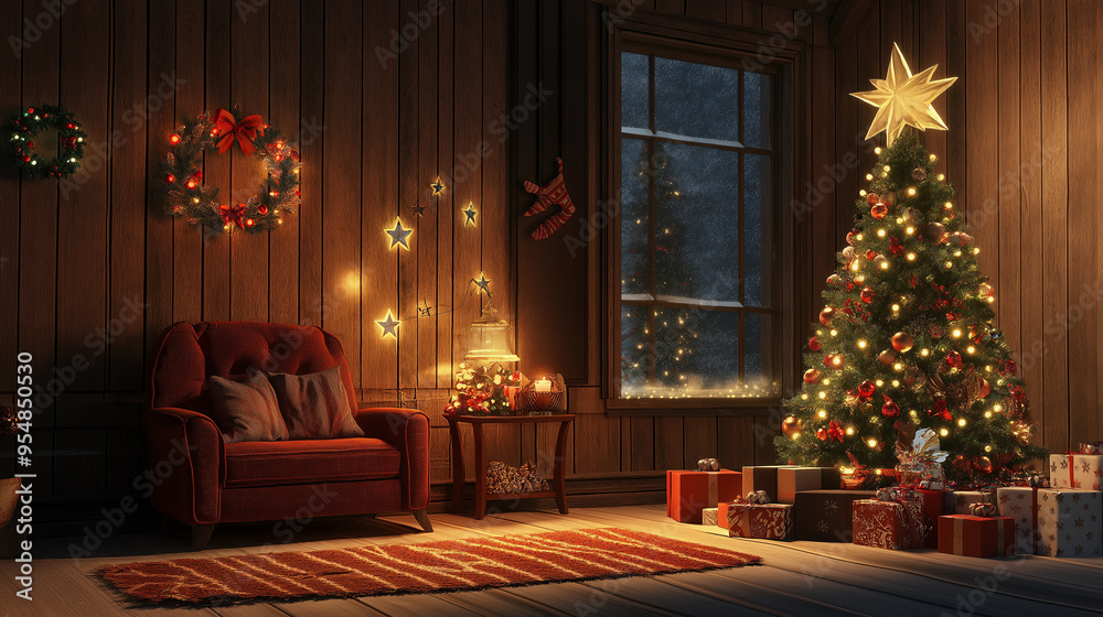 christmas tree in front of fireplace, living room with christmas tree, living room with Christmas decorations, a Christmas tree, and twinkling lights
