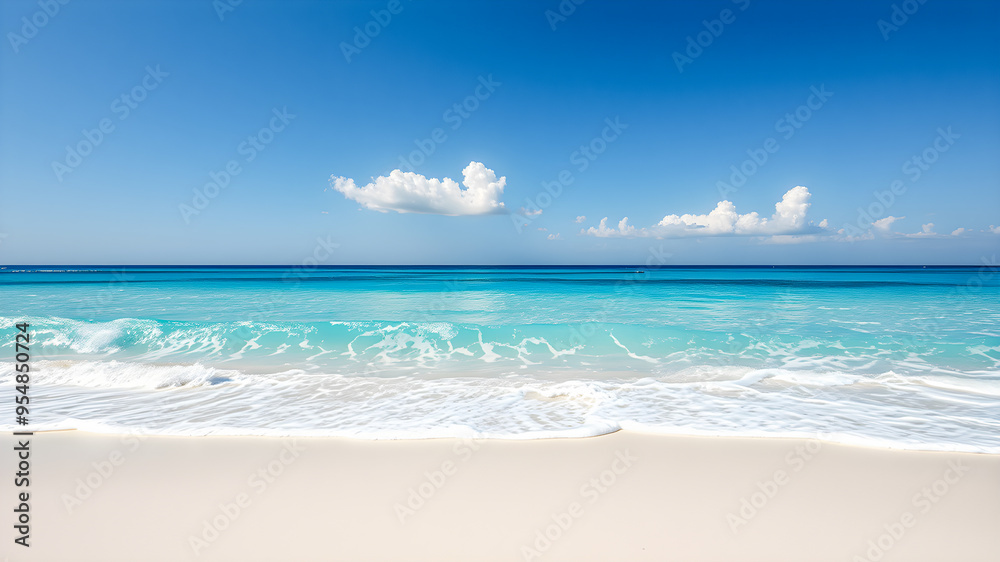 Tropical sunny beach view. Calm sunshine relaxing empty beach scene, blue sky happy clouds white sand. Tranquil nature shore coast landscape. Seaside beachfront horizon seascape in sunlight. AI gen Tropical sunny beach view. Calm sunshine relaxing empty beach scene, blue sky happy clouds white sand. Tranquil nature shore coast landscape. Seaside beachfront horizon seascape in sunlight. AI gen
