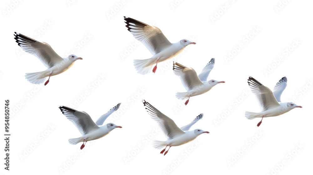 Obraz premium Flock of Seagulls in Flight Isolated on transparent Background, PNG file, graphic resources, 