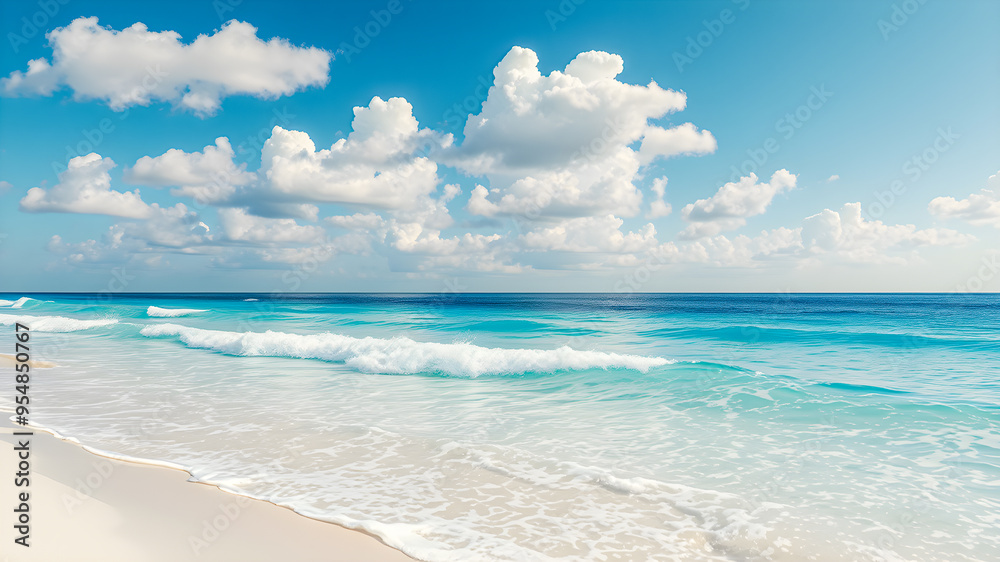 Tropical sunny beach view. Calm sunshine relaxing empty beach scene, blue sky happy clouds white sand. Tranquil nature shore coast landscape. Seaside beachfront horizon seascape in sunlight. AI gen