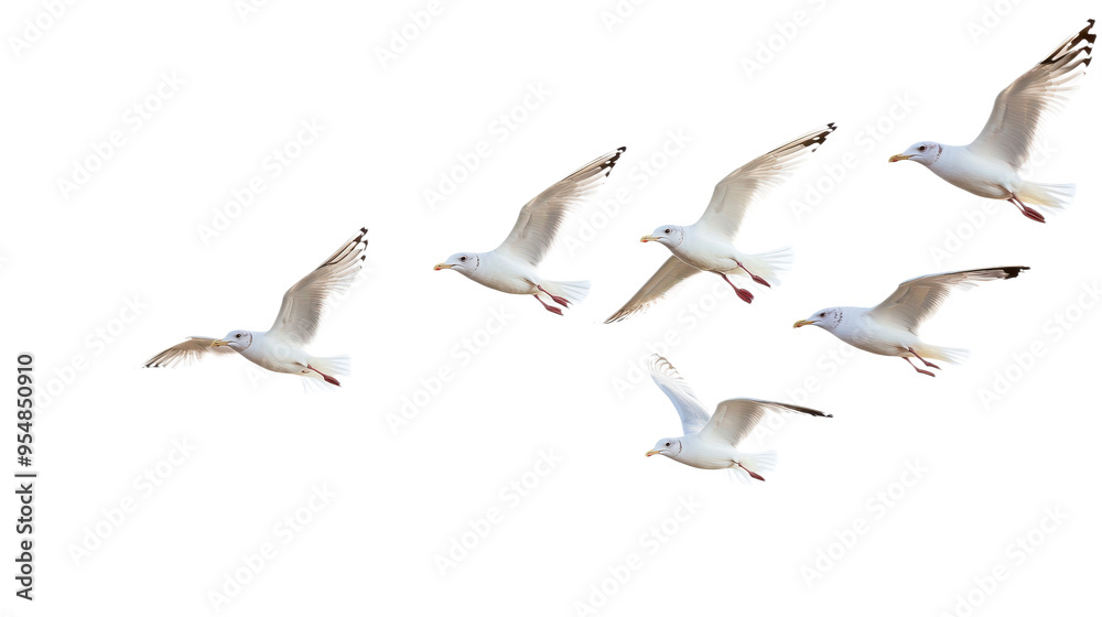 Obraz premium Flock of Seagulls in Flight Isolated on transparent Background, PNG file, graphic resources,
