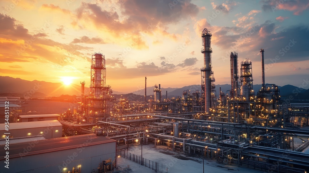 Fototapeta premium Breathtaking Sunset Over the Magnificent Oil Refinery Skyline