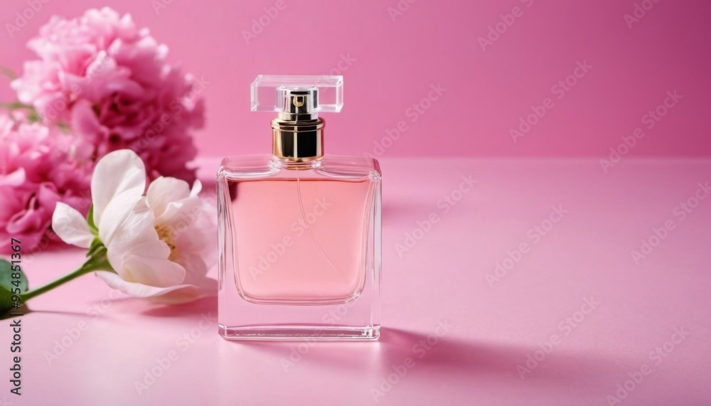 a beautiful bottle of expensive perfume on a pink background with flowers nearby. floral scents. ai. ai generated a beautiful bottle of expensive perfume on a pink background with flowers nearby. floral scents. ai. ai generated