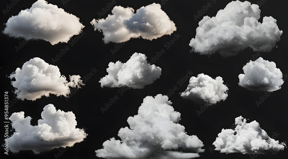 “30 White Clouds of Various Shapes Isolated on a Black Background, Perfect for Digital Design, Weather-Themed Projects, and Creative Visuals, Offering High-Contrast and Versatile Cloud Elements for Di “30 White Clouds of Various Shapes Isolated on a Black Background, Perfect for Digital Design, Weather-Themed Projects, and Creative Visuals, Offering High-Contrast and Versatile Cloud Elements for Di