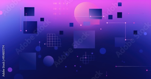 A vibrant abstract design featuring geometric shapes and gradients in shades of purple and blue, ideal for digital backgrounds.