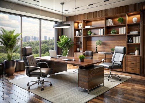 Sleek executive desks, rich leather seating, and thoughtful storage options come together to create a contemporary