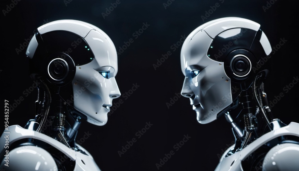 A pair of bionic robots opposite each other. future technologies. Scientific progress. Generative ai. AI A pair of bionic robots opposite each other. future technologies. Scientific progress. Generative ai. AI
