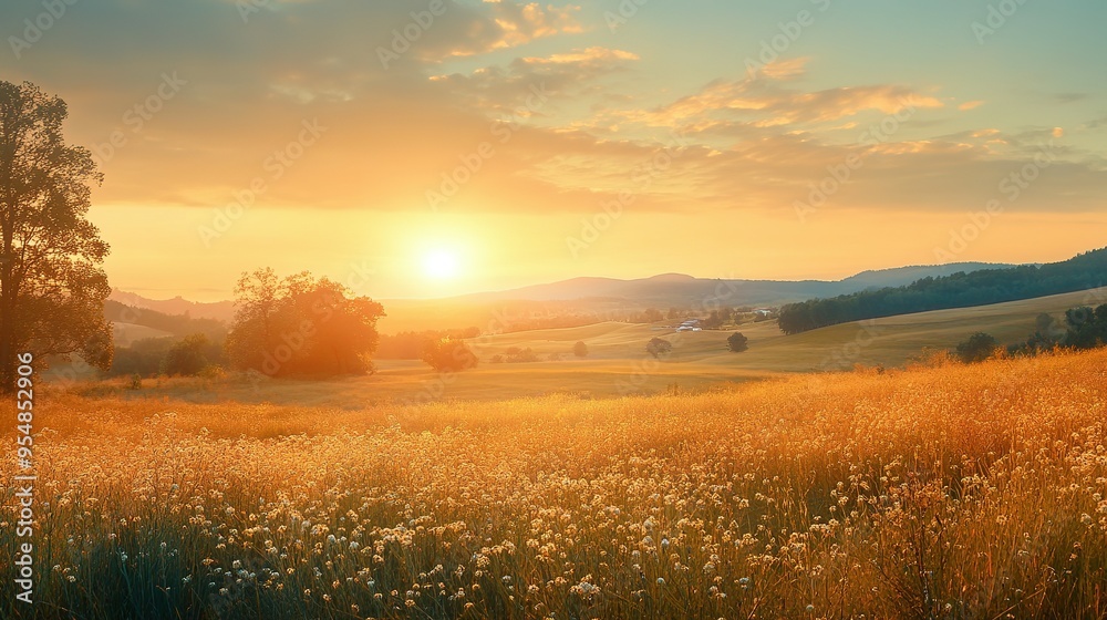 Golden Hour Sunset Over Rolling Hills and a Field of Wildflowers Golden Hour Sunset Over Rolling Hills and a Field of Wildflowers