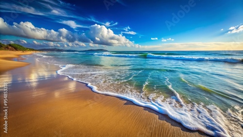 Softly lapping waves on the sandy beach, a serene scene unfolds under a vibrant blue expanse, evoking feelings photo