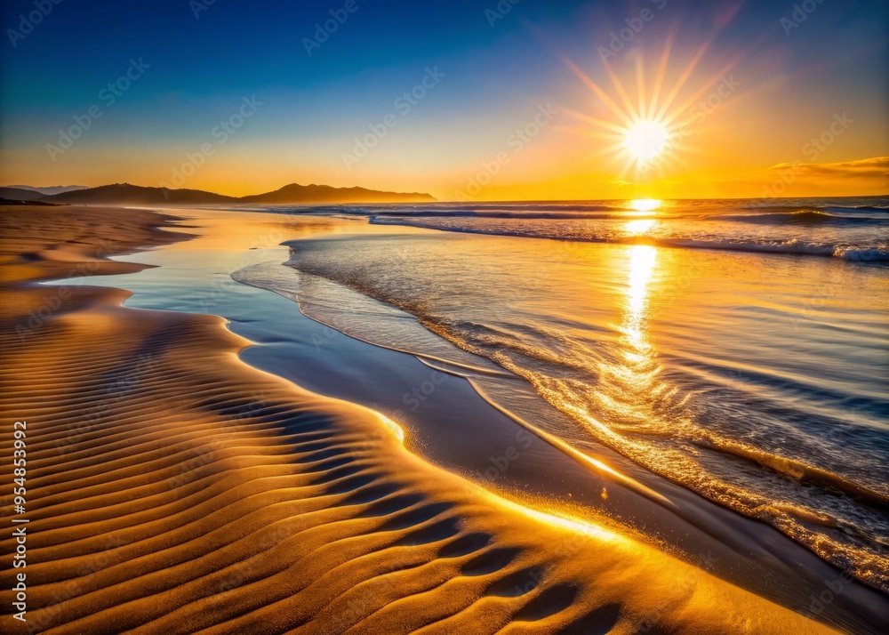 Softly lit beach scene with gentle ripples in the sand, warm golden light casting long shadows across the shore