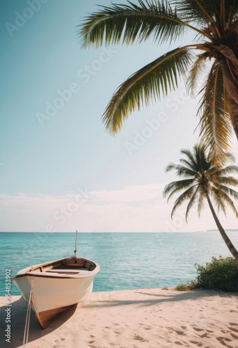 boat and palm tree on tropical islands phone wallpaper. ai generated