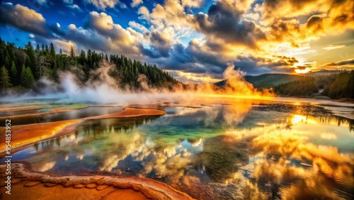 Hot springs mineral rich waters reflect the vibrant colors of the surrounding landscape, a serene and peaceful atmosphere, warm mist evaporating into the air. photo