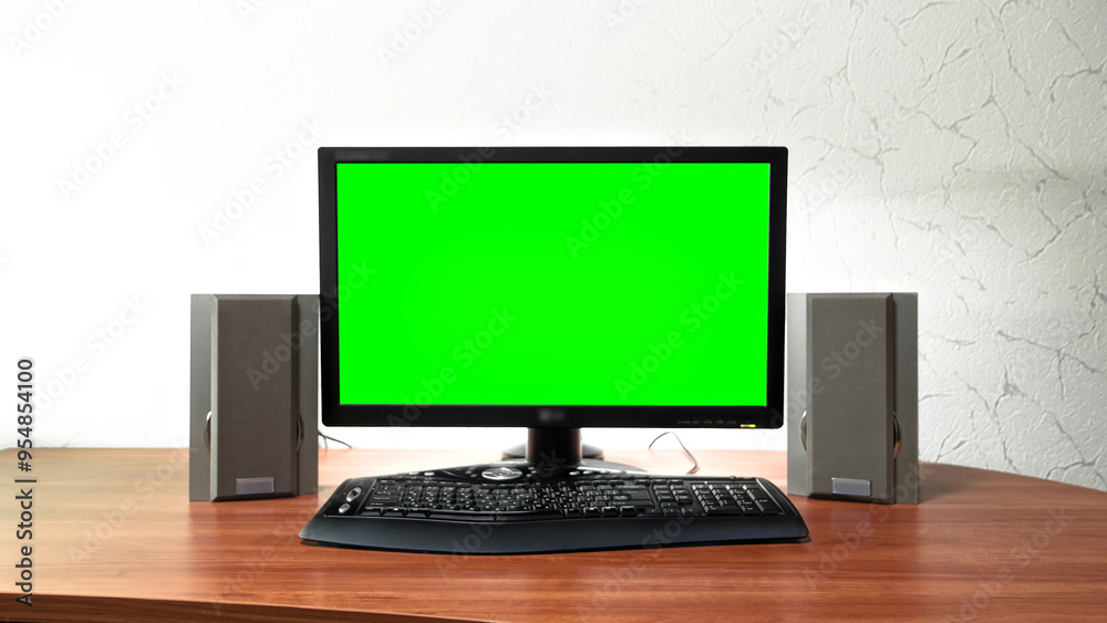 Computer green screen monitor is standing on a desk in an office timelapse hyperlapse. Computer green screen monitor is standing on a desk in an office timelapse hyperlapse.