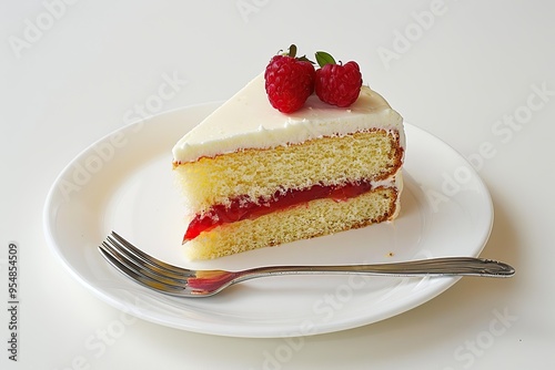 Slice of Victoria sponge cake on a porcelain plate with fork on a white table. Scrumptious biscuit cake with whipped cream and jam decorated of icing sugar, strawberry. Soft light. Copy space for text