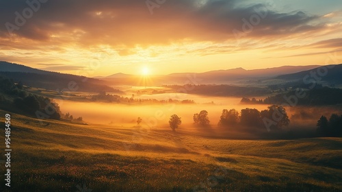 Misty Mountain Valley Sunrise with Golden Light