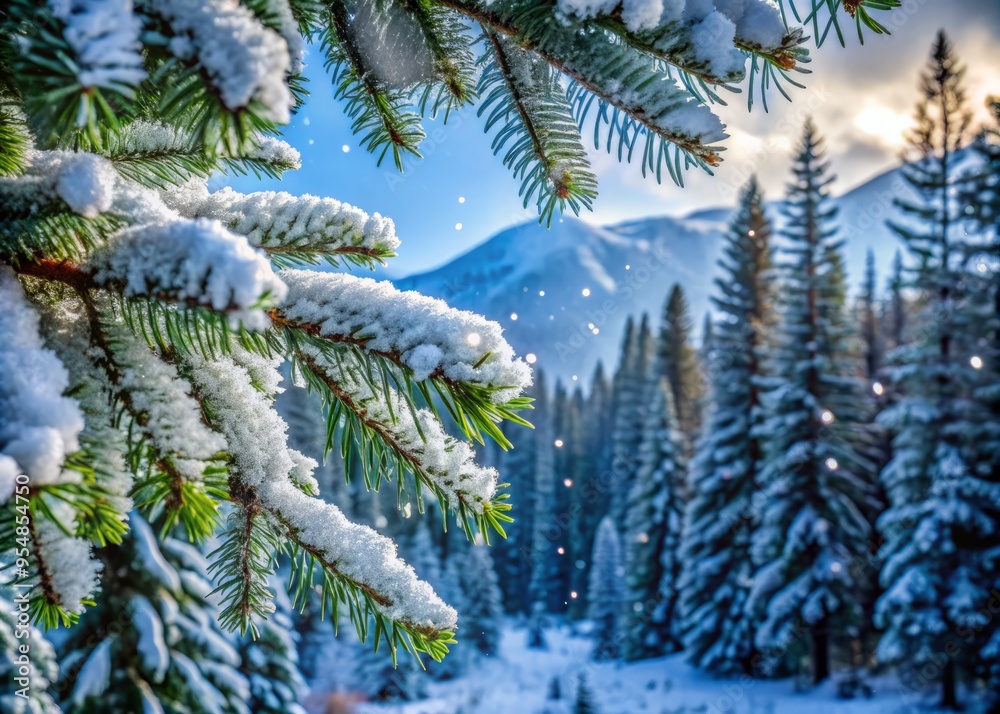 Obraz premium Snow-covered mountains of the Canadian Rockies, Alberta, Canada intimate scene of snow-covered evergreens, frost-covered branches heavy with snow, delicate snowflakes suspended in mid-air.