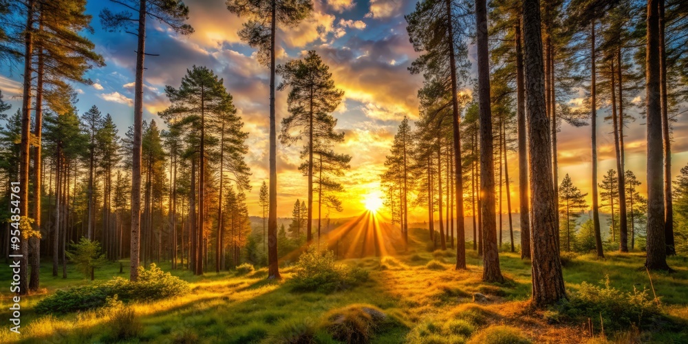 Obraz premium Capture the soft, warm light of a sunset over a forest where the atmosphere is alive with the sounds and movements of the forest's creatures, captured in the quiet moment before dusk.
